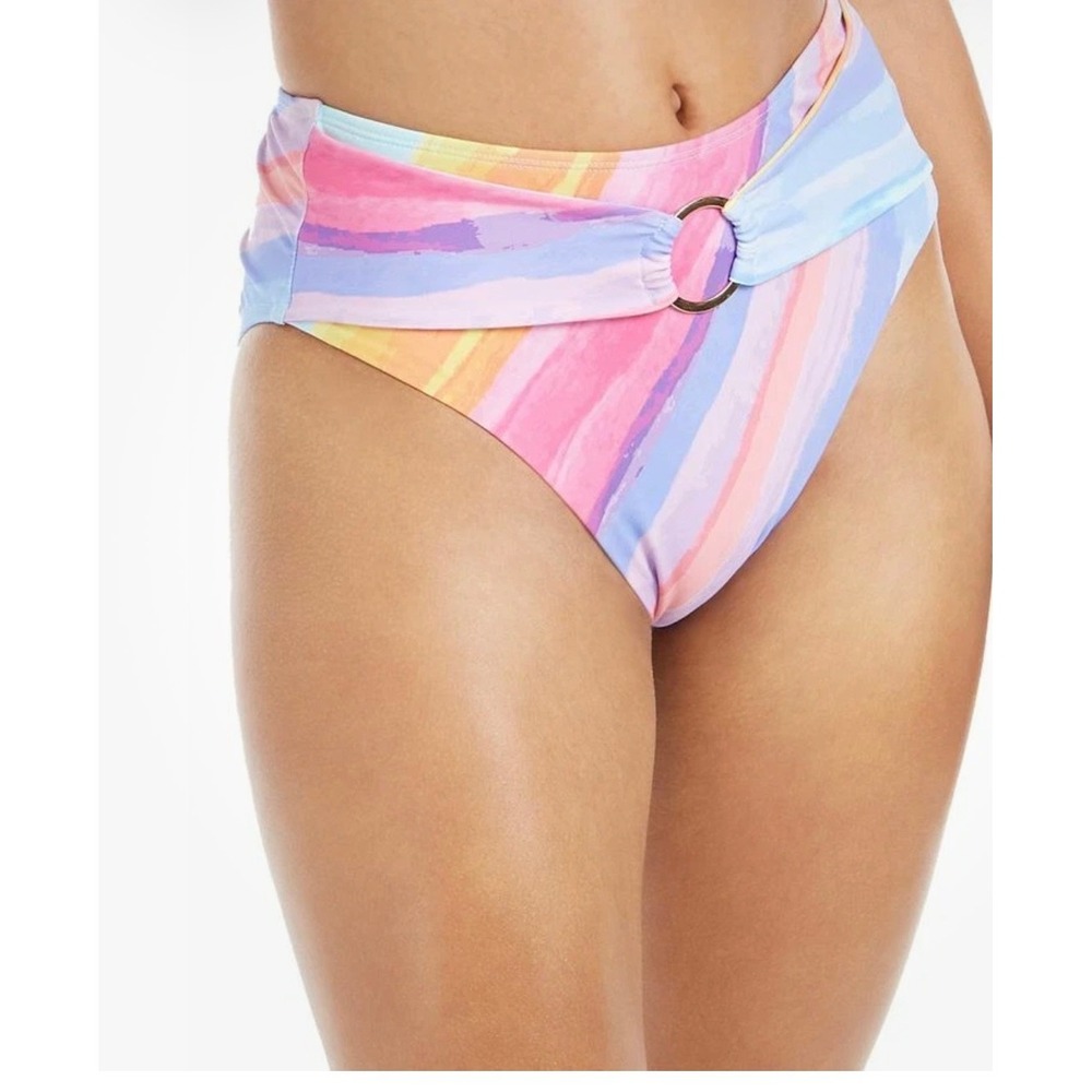 Rachel Rachel Roy Watercolor Stripe High Waist Bikini Bottom O-Ring Multi Small